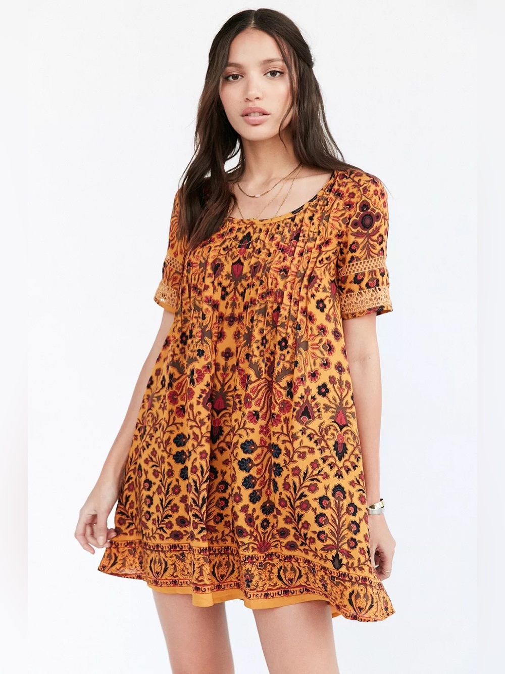 Ecote Mustard Yellow Floral Pintuck Crochet Sleeve Lightweight Mini Dress Sz Med
